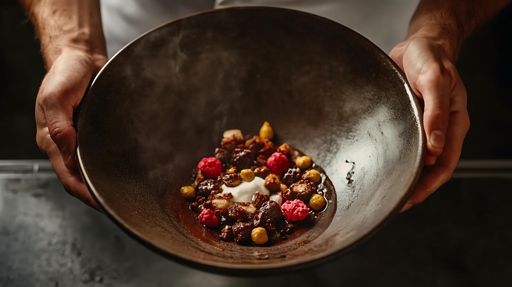 Chef plating a rustic dish on a paper-like surface
